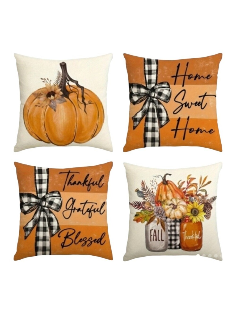 NEW 4-Pc Fall Pumpkin Home Thankful Grateful Blessed Pillow Cover Set 18" x 18"